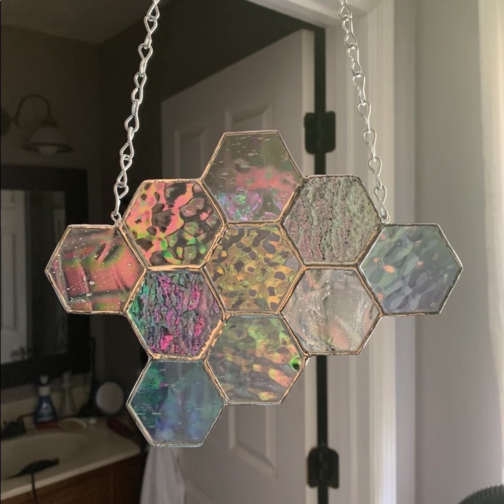 Iridescent Honeycomb Stained Glass Suncatcher Window Hanging Home Decor
